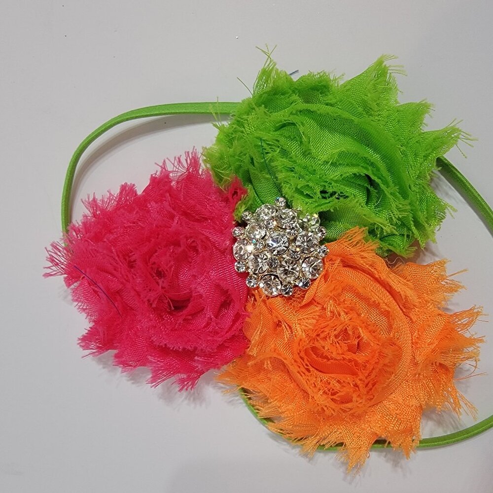 Pink, Orange, Green Jeweled Faux Flowered Elastic Ribboned Headband